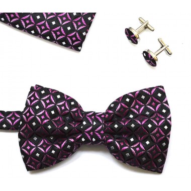 Set papion, batista si butoni negru violet model abstract 1571